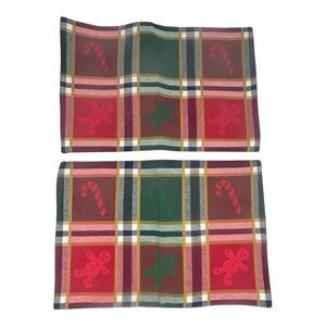 Pair (2) Christmas Red Green Plaid Placemats Cotton Gingerbread Man Candy Cane